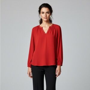 Michael Kors Red V-Neck Long Sleeve Gold Button Embellished Blouse Size Small